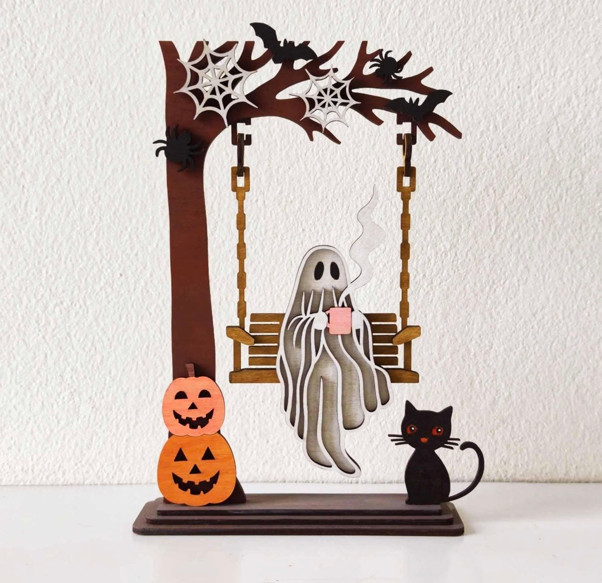 Handmade Ghost with Cat Swing Halloween Décor