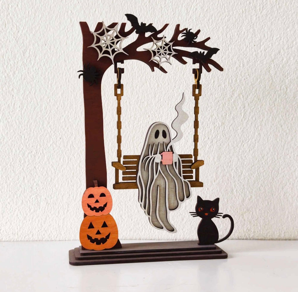 Handmade Ghost with Cat Swing Halloween Décor
